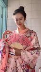 Japanese Anime Women's Dance Kimono Robe Fancy Dress Yukata Silk Folding Fans Tabi Hairstick Socks Set Pink Small