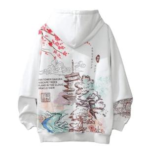 SHINsuke Men Women Y2K Hoodie Japanese Harajuku Hooded Sweatshirt Sakura Temple Korean Long Sleeve Thicken Fleece Loose Tops Pullover (White,3XL,3X-Large)