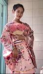 Japanese Anime Women's Dance Kimono Robe Fancy Dress Yukata Silk Folding Fans Tabi Hairstick Socks Set Pink Small
