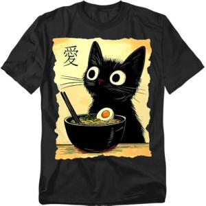 Popfunk Anime Black Cat Meal T Shirt – Funny Cute Cat Japanese Food Tee for Men or Women, Unisex Adult, Black, Large