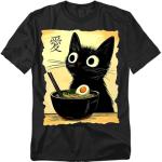Popfunk Anime Black Cat Meal T Shirt – Funny Cute Cat Japanese Food Tee for Men or Women, Unisex Adult, Black, Large