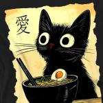 Popfunk Anime Black Cat Meal T Shirt – Funny Cute Cat Japanese Food Tee for Men or Women, Unisex Adult, Black, Large