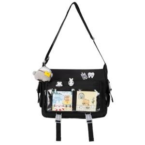 Kawaii Crossbody Ita Bag for Women with Pin and Plush Penguin, Cute Messenger Bag Japanese Crossbody Bag Y2K Purse Black