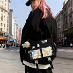 Kawaii Crossbody Ita Bag for Women with Pin and Plush Penguin, Cute Messenger Bag Japanese Crossbody Bag Y2K Purse Black
