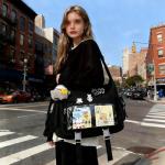 Kawaii Crossbody Ita Bag for Women with Pin and Plush Penguin, Cute Messenger Bag Japanese Crossbody Bag Y2K Purse Black