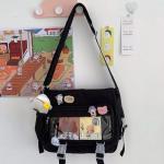 Kawaii Crossbody Ita Bag for Women with Pin and Plush Penguin, Cute Messenger Bag Japanese Crossbody Bag Y2K Purse Black