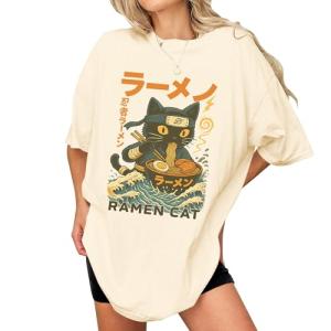Ramen Cat Anime Ninja Japanese Graphic T-Shirt - Funny Cat Eating Ramen Japanese Art Shirt for Women- Vintage Japan Art Outfit - Anime Retro Clothing for Women (Ivory-3XL)