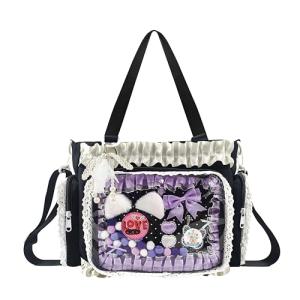 Ita Bag,DIY Pin Display Bag with Insert and Accessories,4 Color Anime Kawaii Ita Crossbody Purse with Adjustable Straps,Lace Cute Itabag with Clear Pocket, Y2K Shoulder Bags for Women(Black)