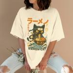 Ramen Cat Anime Ninja Japanese Graphic T-Shirt - Funny Cat Eating Ramen Japanese Art Shirt for Women- Vintage Japan Art Outfit - Anime Retro Clothing for Women (Ivory-3XL)