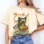 Ramen Cat Anime Ninja Japanese Graphic T-Shirt - Funny Cat Eating Ramen Japanese Art Shirt for Women- Vintage Japan Art Outfit - Anime Retro Clothing for Women (Ivory-3XL)