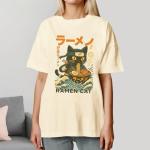 Ramen Cat Anime Ninja Japanese Graphic T-Shirt - Funny Cat Eating Ramen Japanese Art Shirt for Women- Vintage Japan Art Outfit - Anime Retro Clothing for Women (Ivory-3XL)