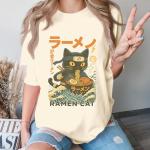 Ramen Cat Anime Ninja Japanese Graphic T-Shirt - Funny Cat Eating Ramen Japanese Art Shirt for Women- Vintage Japan Art Outfit - Anime Retro Clothing for Women (Ivory-3XL)