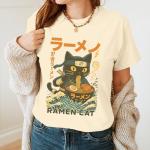 Ramen Cat Anime Ninja Japanese Graphic T-Shirt - Funny Cat Eating Ramen Japanese Art Shirt for Women- Vintage Japan Art Outfit - Anime Retro Clothing for Women (Ivory-3XL)