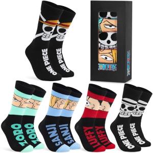 One Piece 5 Pack Crew Socks for Men, Teens, Funny Anime Breathable Socks for Work, Sports, Novelty Gifts for Men (8/12 UK, Black)