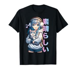 Cute Anime Girl with a Cat for Cat Lover Kawaii Otaku Manga T-Shirt