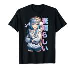 Cute Anime Girl with a Cat for Cat Lover Kawaii Otaku Manga T-Shirt