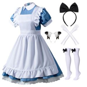 Wannsee Japanese Anime 6Pcs Lolita French Maid Apron Fancy Dress Cosplay Costume Gloves Headwear Socks set(Blue S)