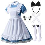 Wannsee Japanese Anime 6Pcs Lolita French Maid Apron Fancy Dress Cosplay Costume Gloves Headwear Socks set(Blue S)