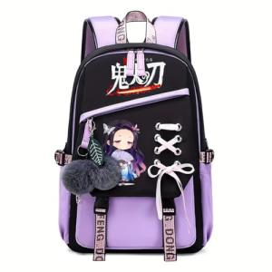 YWOIHL Cute Anime Style Backpack for Girls Cartoon Backpack for Teens Students Fashion School Bag with Pompom Charm (Black Purple)