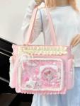 cute kawaii ita bag crossbody tote bag, pin display with Insert bow large messenger bag crossbody, cute tote bags with zipper ruffle y2k, kpop japanese trendy purse aesthetic