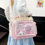 cute kawaii ita bag crossbody tote bag, pin display with Insert bow large messenger bag crossbody, cute tote bags with zipper ruffle y2k, kpop japanese trendy purse aesthetic