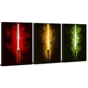 Cyberpunk Wall Art Red Yellow Green Light Saber Picture Anime Poster for Boys Room Decor Abstract Neon Lightsaber Artwork Pop Graffiti Wars Canvas Prints Modern Artwork Playroom Decorations 12x16" 3P