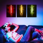Cyberpunk Wall Art Red Yellow Green Light Saber Picture Anime Poster for Boys Room Decor Abstract Neon Lightsaber Artwork Pop Graffiti Wars Canvas Prints Modern Artwork Playroom Decorations 12x16" 3P