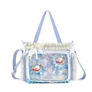 Ita Bag,DIY Pin Display Bag with Insert and Accessories,4 Color Anime Kawaii Ita Crossbody Purse with Adjustable Straps,Lace Cute Itabag with Clear Pocket, Y2K Shoulder Bags for Women(Blue)