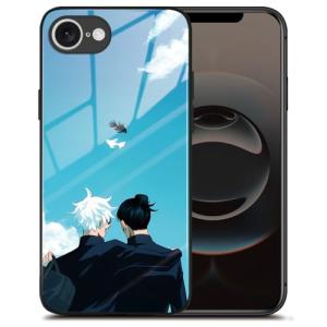 Akatxezy Anime Phone Case for iPhone 16e, Manga Design Tempered Glass Back with Soft Silicone Bumper, Shockproof Glossy Cover Shell