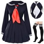Classic Japanese School Girls Sailor Dress Shirts Uniform Anime Cosplay Costumes with Socks Set(Black)(L = Asia XL)(SSF08BK)