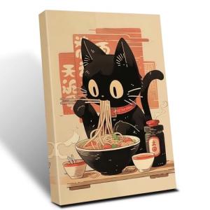 Japanese Noodle Black Cat Canvas Wall Art, Vintage Japanese Cat Canvas Wall Art,Quirky Black Cat Eating Ramen Poster, Retro Cute Tokyo For Kitchen Posters Prints for Kids Teens Room Boys Girls Bedroom Decoration 12x16in