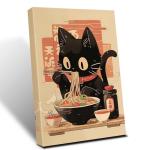Japanese Noodle Black Cat Canvas Wall Art, Vintage Japanese Cat Canvas Wall Art,Quirky Black Cat Eating Ramen Poster, Retro Cute Tokyo For Kitchen Posters Prints for Kids Teens Room Boys Girls Bedroom Decoration 12x16in