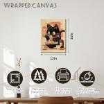 Japanese Noodle Black Cat Canvas Wall Art, Vintage Japanese Cat Canvas Wall Art,Quirky Black Cat Eating Ramen Poster, Retro Cute Tokyo For Kitchen Posters Prints for Kids Teens Room Boys Girls Bedroom Decoration 12x16in
