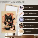 Japanese Noodle Black Cat Canvas Wall Art, Vintage Japanese Cat Canvas Wall Art,Quirky Black Cat Eating Ramen Poster, Retro Cute Tokyo For Kitchen Posters Prints for Kids Teens Room Boys Girls Bedroom Decoration 12x16in