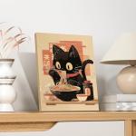 Japanese Noodle Black Cat Canvas Wall Art, Vintage Japanese Cat Canvas Wall Art,Quirky Black Cat Eating Ramen Poster, Retro Cute Tokyo For Kitchen Posters Prints for Kids Teens Room Boys Girls Bedroom Decoration 12x16in