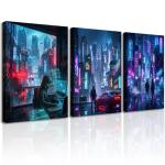 Anime Posters Framed Anime Wall Art Canvas Prints 3 Pieces Tokyo Neon Night Cityscape Modern Japanese Street Landscape Painting for Gaming Room Decor, Boys Bedroom, Man Cave (16x24 inch, Large)