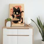 Japanese Noodle Black Cat Canvas Wall Art, Vintage Japanese Cat Canvas Wall Art,Quirky Black Cat Eating Ramen Poster, Retro Cute Tokyo For Kitchen Posters Prints for Kids Teens Room Boys Girls Bedroom Decoration 12x16in