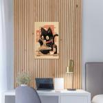 Japanese Noodle Black Cat Canvas Wall Art, Vintage Japanese Cat Canvas Wall Art,Quirky Black Cat Eating Ramen Poster, Retro Cute Tokyo For Kitchen Posters Prints for Kids Teens Room Boys Girls Bedroom Decoration 12x16in