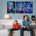 Anime Posters Framed Anime Wall Art Canvas Prints 3 Pieces Tokyo Neon Night Cityscape Modern Japanese Street Landscape Painting for Gaming Room Decor, Boys Bedroom, Man Cave (16x24 inch, Large)
