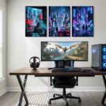 Anime Posters Framed Anime Wall Art Canvas Prints 3 Pieces Tokyo Neon Night Cityscape Modern Japanese Street Landscape Painting for Gaming Room Decor, Boys Bedroom, Man Cave (16x24 inch, Large)