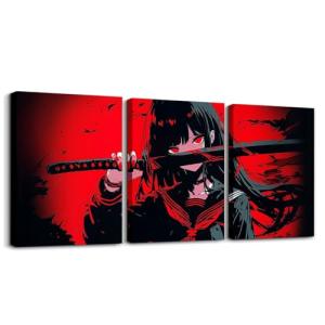 Japanese Anime Canvas Wall Art For Kids, Anime Girl Artwork Posters 12"X 16" Japanese Girl Picture Wall Decor, Kawaii Animation Red Black Painting For Living Room Kitchen Dining Room Wall Decor