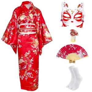 CRFASIBE Japanese Kimono Geisha Costume Asian Dress Cosplay Anime Halloween Costume Yukata Women Fancy Robe 5pcs(Red)