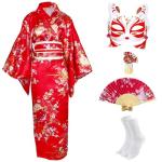 CRFASIBE Japanese Kimono Geisha Costume Asian Dress Cosplay Anime Halloween Costume Yukata Women Fancy Robe 5pcs(Red)
