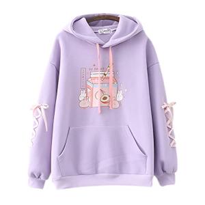 Cuteighteen Kawaii Bunny Hoodie Teens Lolita Hooded Sweatshirt Casual Cute Lace Up Sleeve Cartoon Print Pullover Top (Purple)