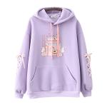 Cuteighteen Kawaii Bunny Hoodie Teens Lolita Hooded Sweatshirt Casual Cute Lace Up Sleeve Cartoon Print Pullover Top (Purple)