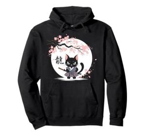 Samurai Cat Vintage Ukiyo-e Warrior Kanji Japan Anime Ink Pullover Hoodie