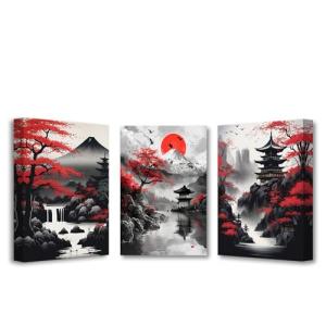 PBXBJY Japanese Canvas Wall Art 3 Pieces Japanese Landscape Painting Prints Red and Black Cherry Blossom Trees Building Pictures Living Room Office Decor Frame (12x16inchx3Pcs)