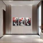 PBXBJY Japanese Canvas Wall Art 3 Pieces Japanese Landscape Painting Prints Red and Black Cherry Blossom Trees Building Pictures Living Room Office Decor Frame (12x16inchx3Pcs)