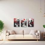 PBXBJY Japanese Canvas Wall Art 3 Pieces Japanese Landscape Painting Prints Red and Black Cherry Blossom Trees Building Pictures Living Room Office Decor Frame (12x16inchx3Pcs)
