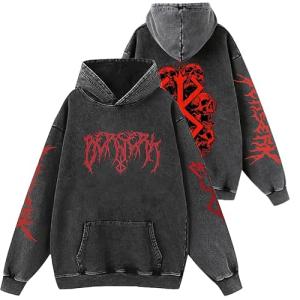 BNNNRNJA Unisex Anime Washed Hoodie Cosplay Costume Men Vintage Sweatshirts Long Sleeve Casual Hooded Pullover for Women(XXL,Black-A)